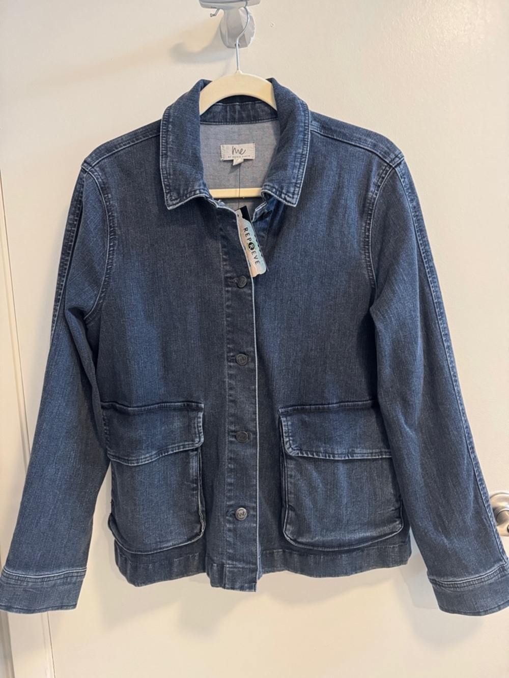 Me by Jennie Garth Dylan Blue Grey Denim Jacket with Front Patch Pockets Med NWT